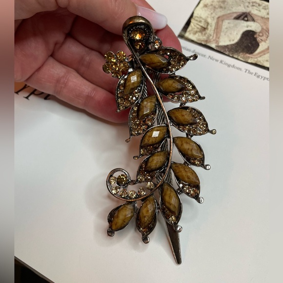 Vintage Brown Sparkly Bejeweled Feather Shaped Duckbill Hair Clip - Picture 6 of 7